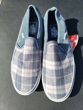 Vans Women’s Slip-On Plaid Sneakers in Grey and White